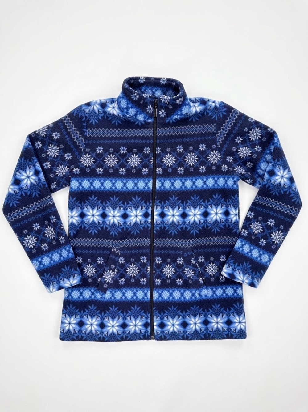 Denim&Co Blue and White Snowflake Zip-Up Fleece Sweater